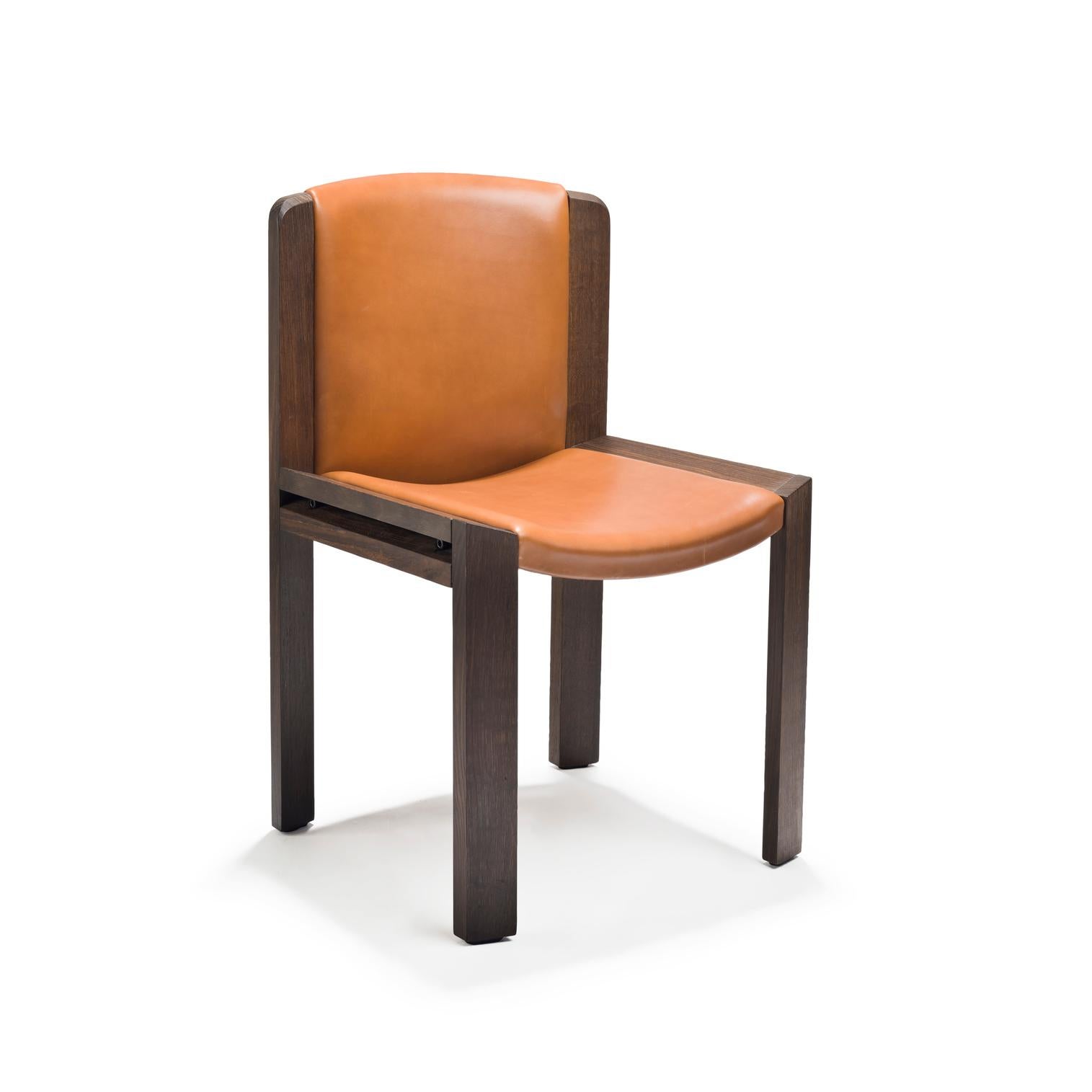Contemporary Set of Four Joe Colombo 'Chair 300' Wood and Sørensen Leather by Karakter For Sale