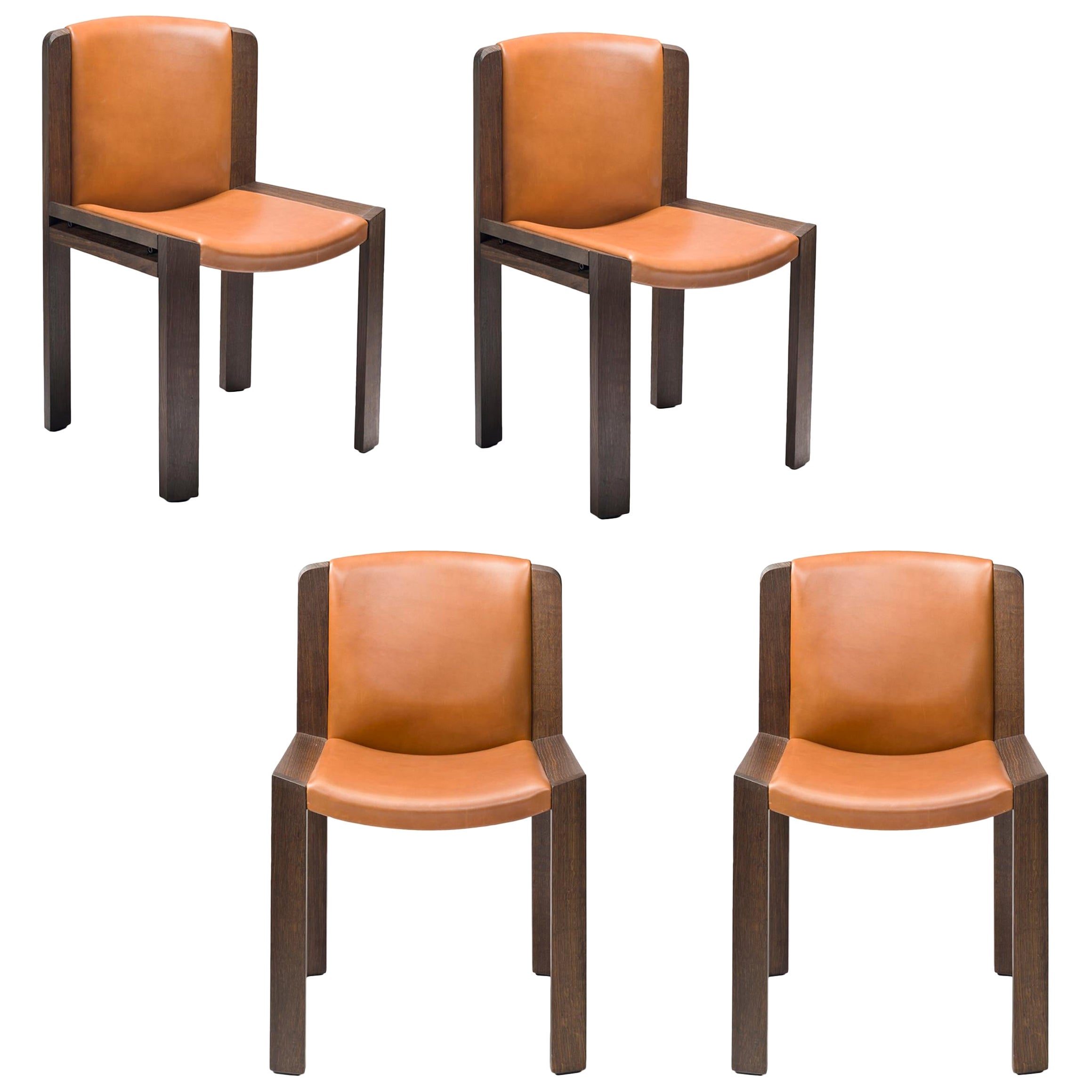 Set of Four Joe Colombo 'Chair 300' Wood and Sørensen Leather by Karakter For Sale