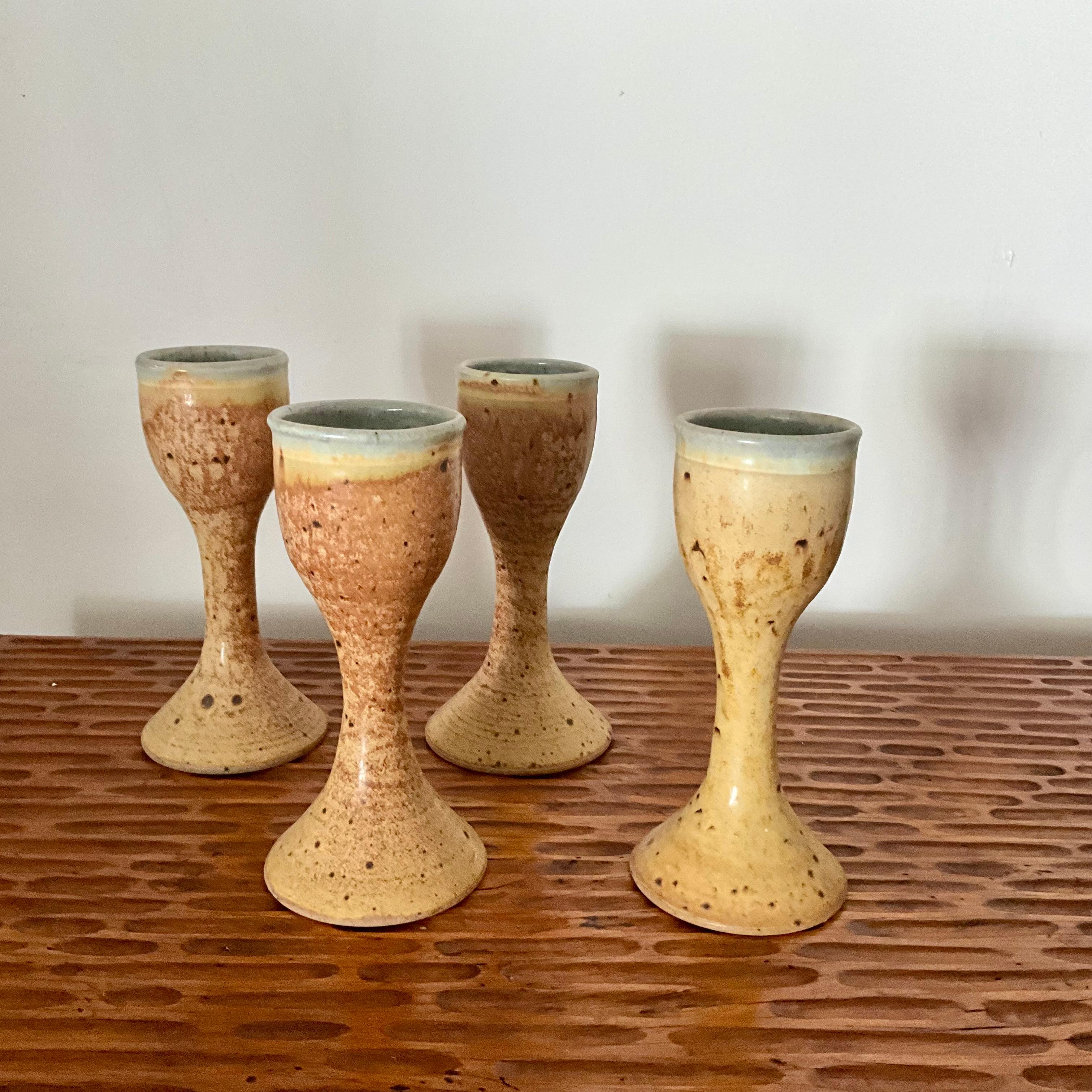 American Set of Four Joel Knanishu Signed Studio Pottery Goblets, Hand-Thrown Mid-Centur For Sale