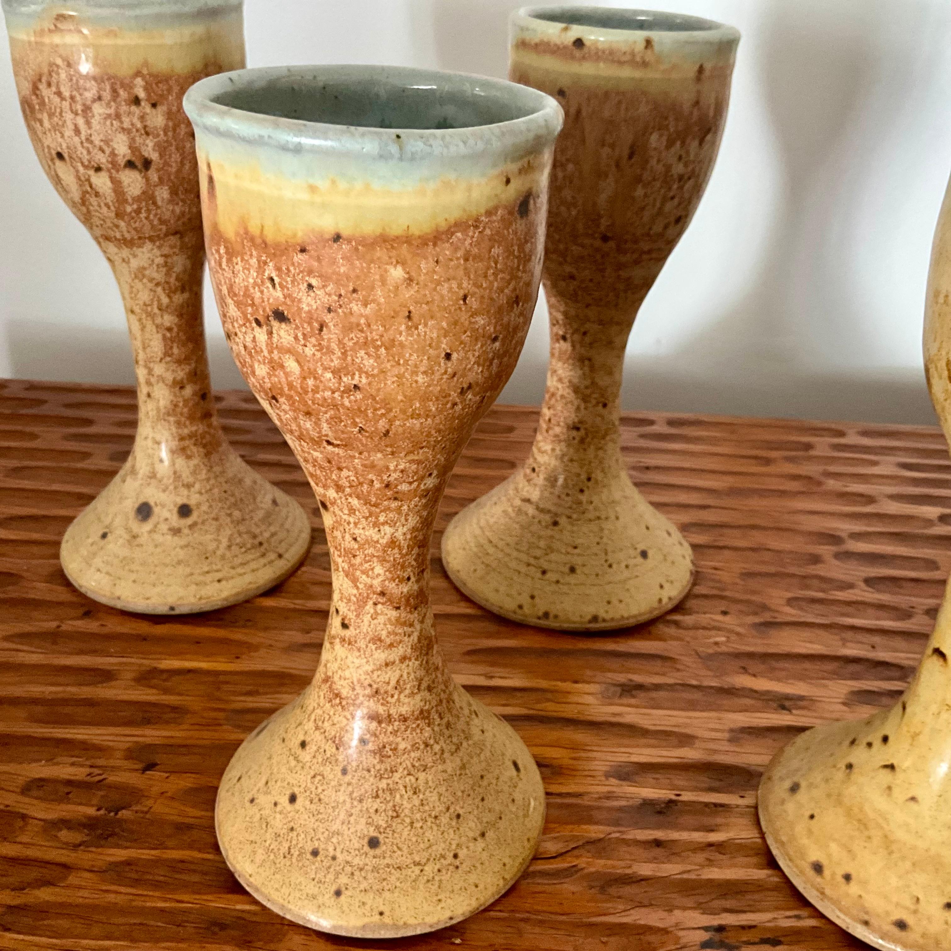 Hand-Crafted Set of Four Joel Knanishu Signed Studio Pottery Goblets, Hand-Thrown Mid-Centur For Sale