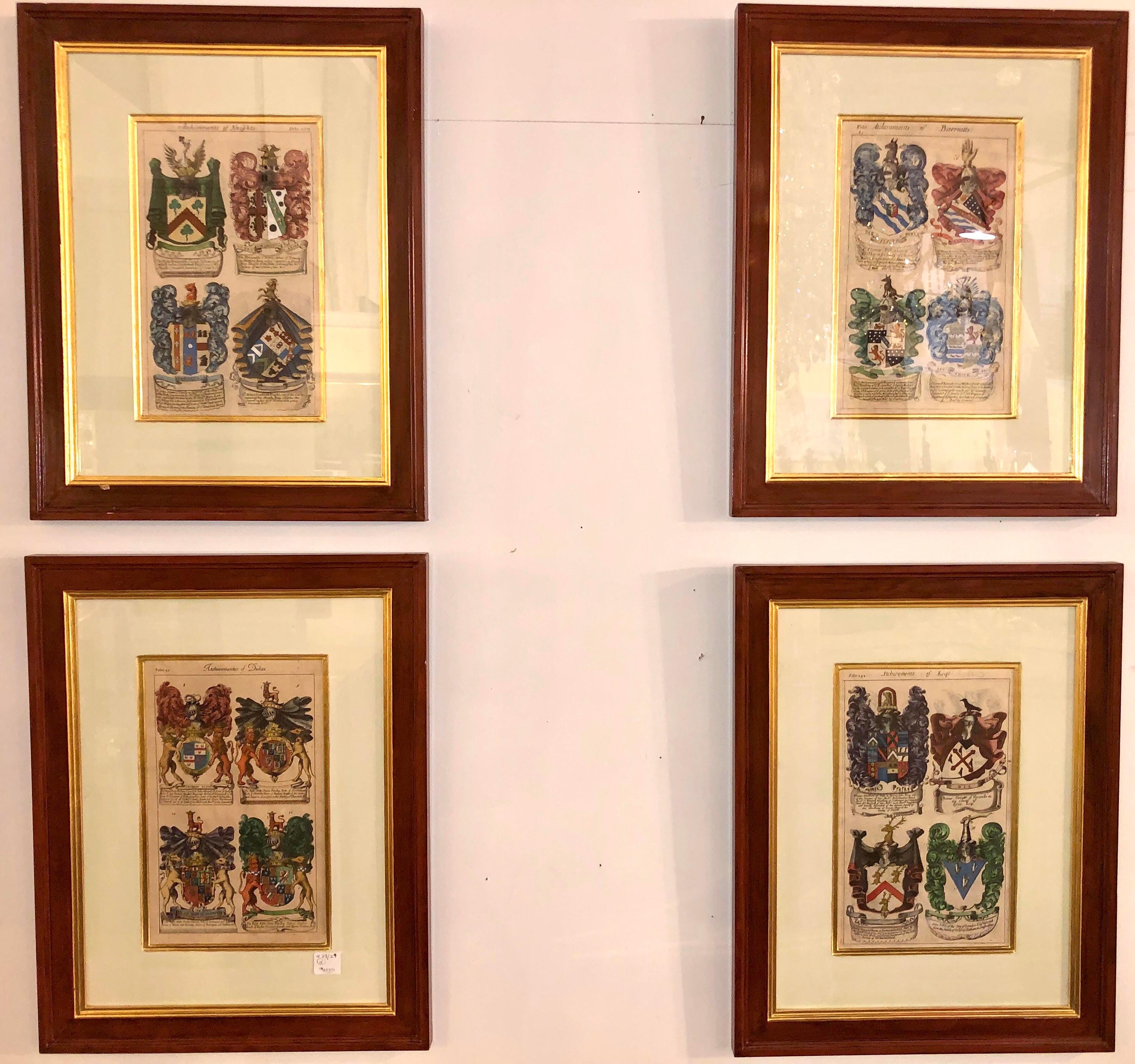 A spectacular set of four finely framed by Judy Cormier Copperplate Engravings by John Guillum (British) a display of Heraldry, London 1679. Group 4 hand colored by Roycroft. This is a small part of an enormous set of Engravings finely framed by