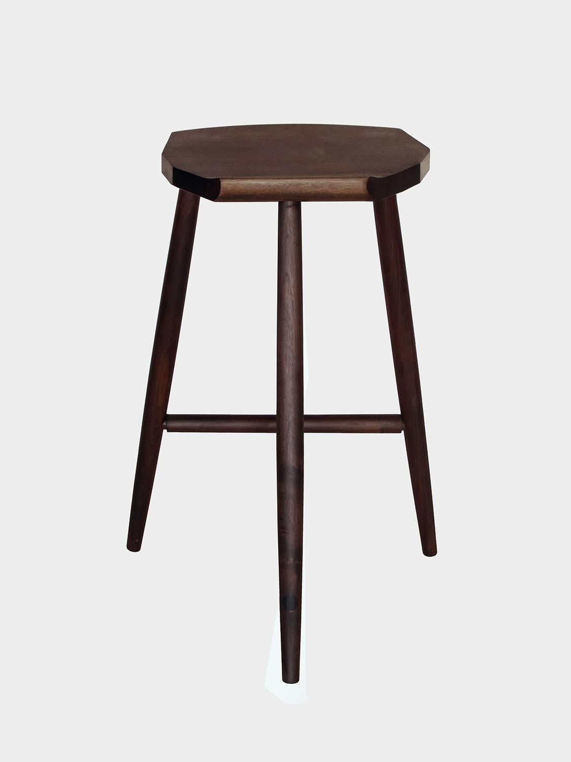 Modern Set of Four Jordan Ebonized Walnut Counter Height Wood Stools - In Stock For Sale