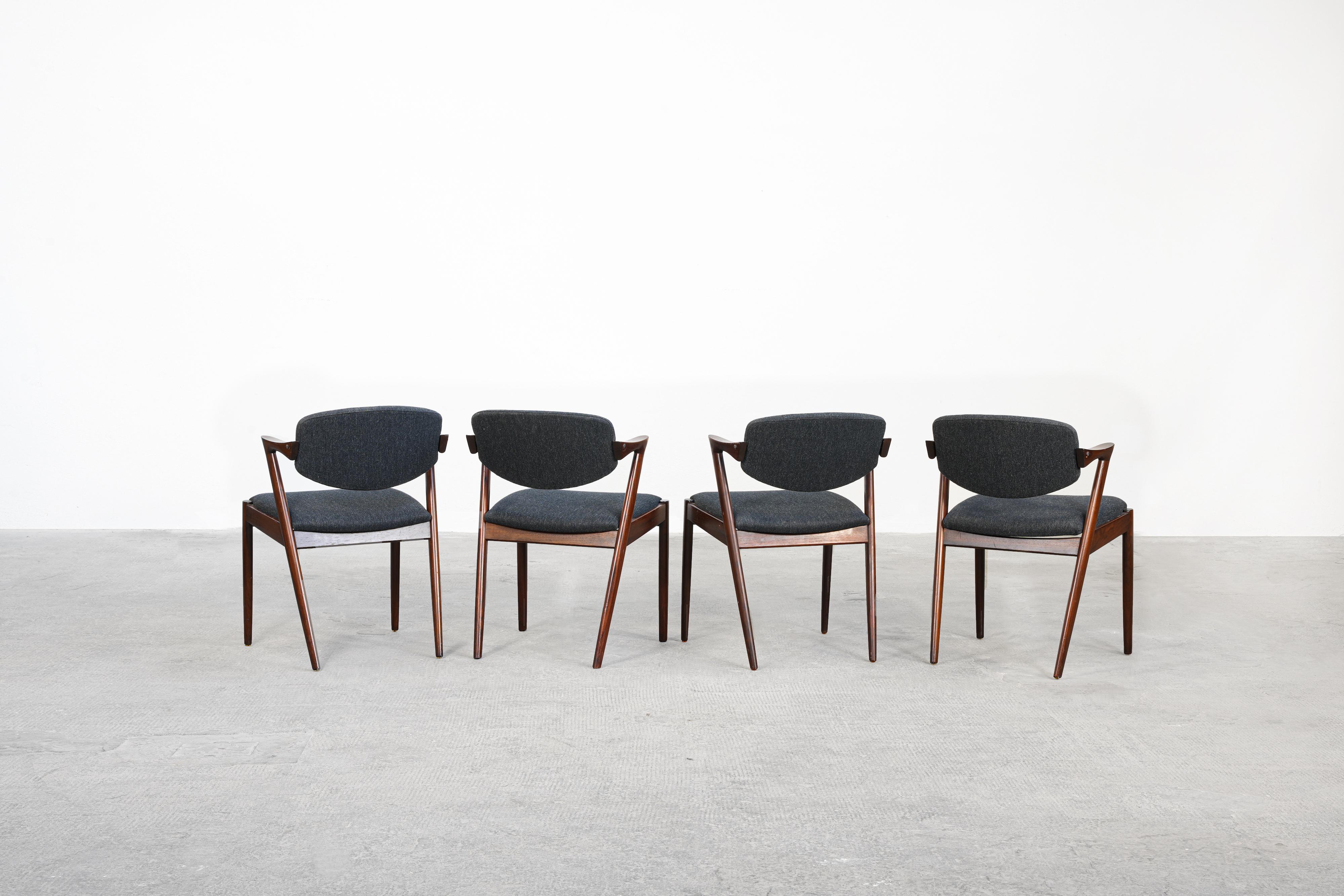 Danois Ensemble de quatre fauteuils de salle à manger Kai Kristiansen, tapisserie S. Andersen neuve en vente