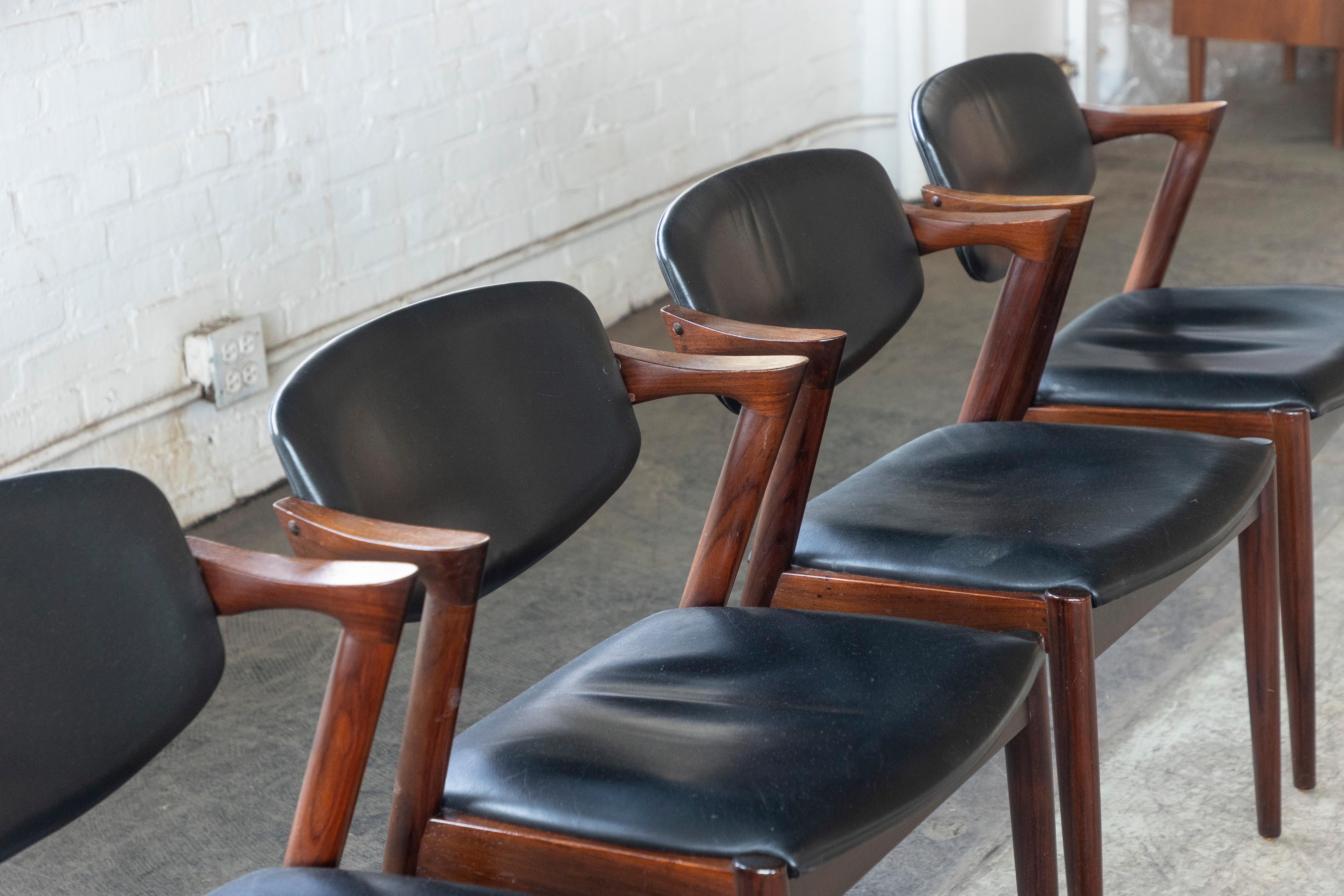Palisander Set of Four Kai Kristiansen Model 42 Rosewood Dining Chairs Danish Midcentury