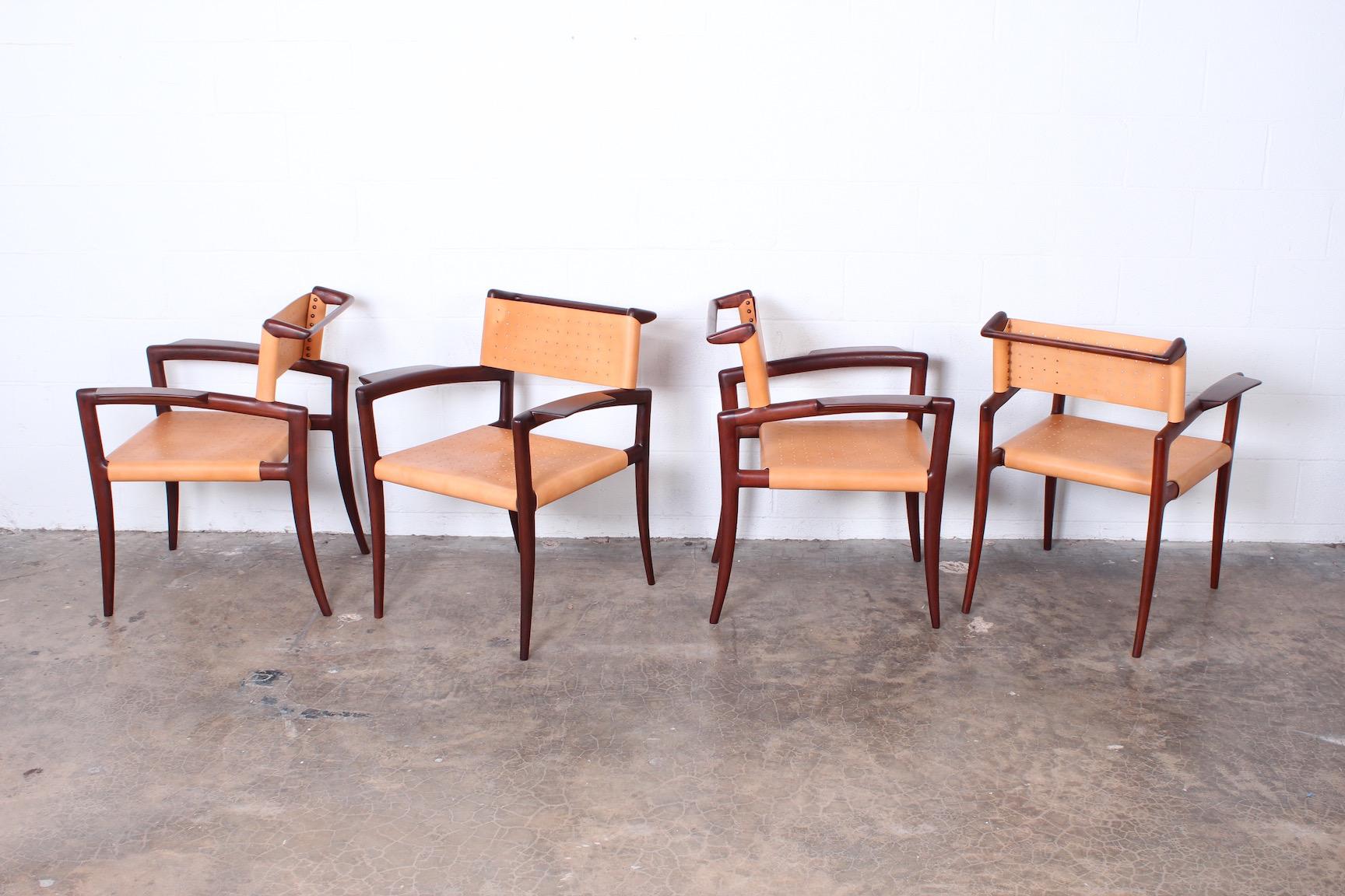 A rare set of four sculptural klismos armchairs designed by Charles Allen for Regil de Yucatan in 1952.
 