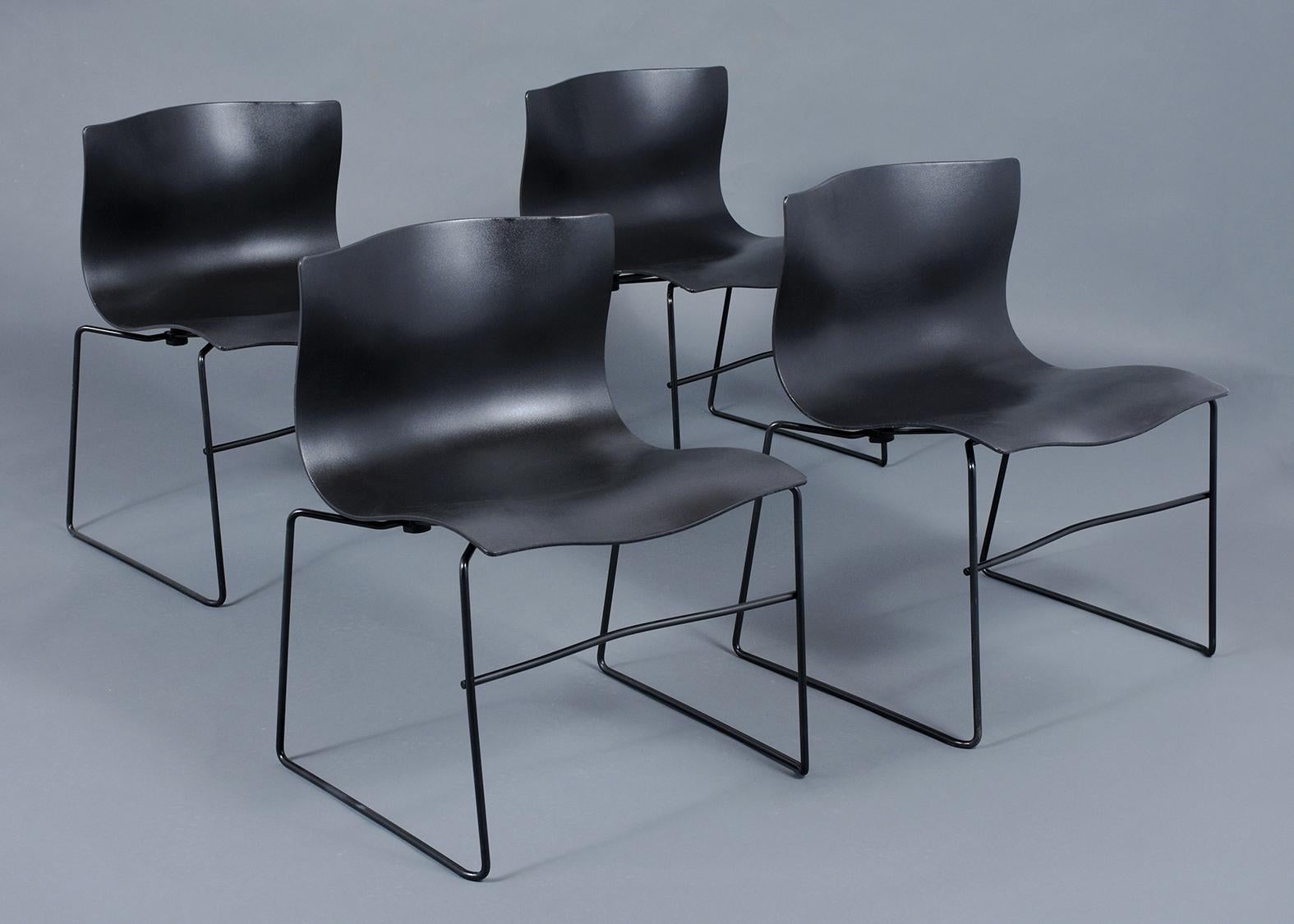 This set of four Knoll handkerchief chairs, designed by Massimo and Lella Vignelli are in great condition. These chairs are all are fully marked and in fine original condition and feature black seats resting on black metal bases. . These chairs