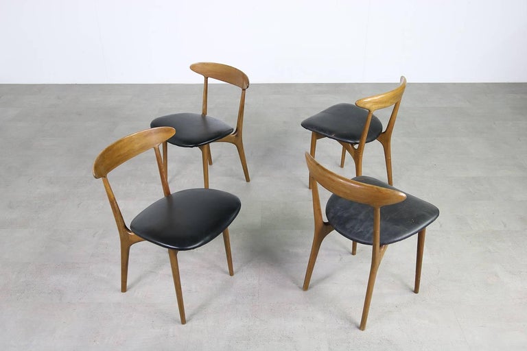 Danish Set of Four Kurt Ostervig Vintage 1960s Organic Beechwood Leather Chairs For Sale