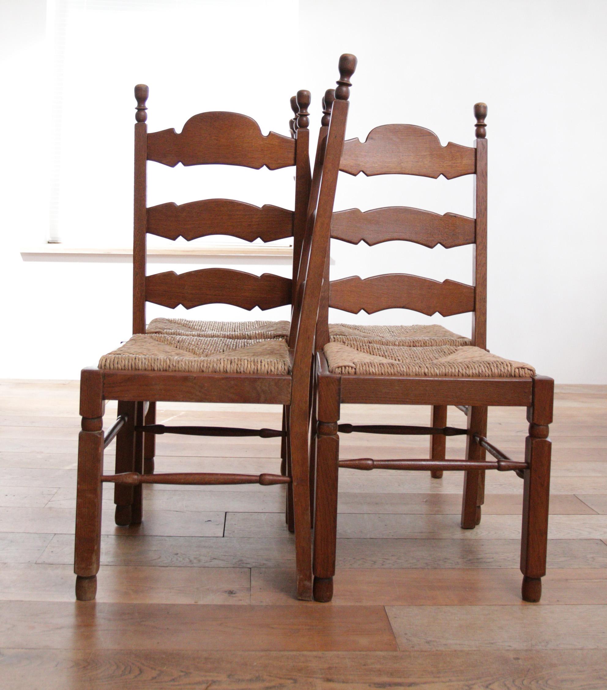  Set of Four Ladder Back Oak Rush Seat Dining Chairs For Sale 9