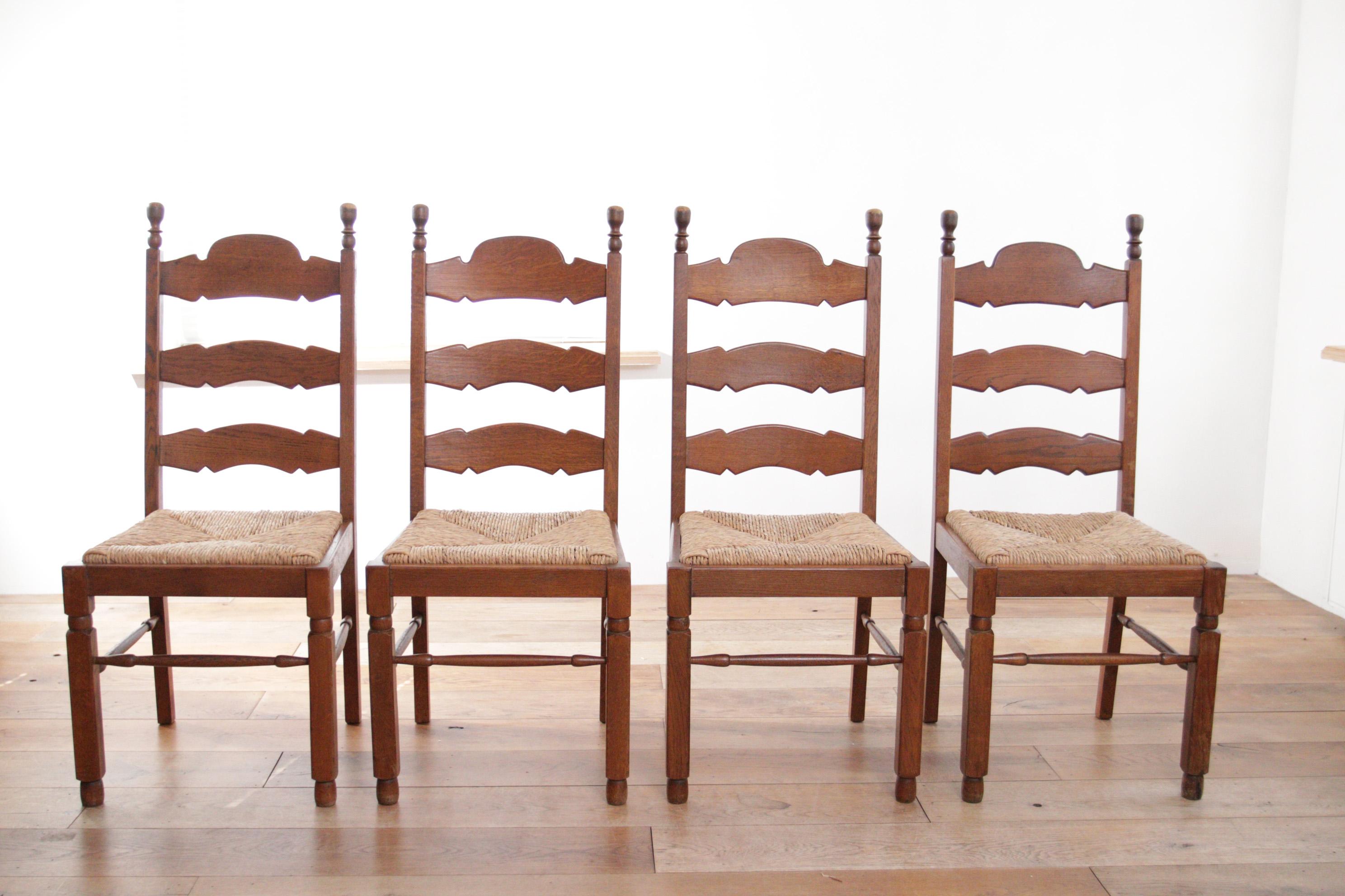  Set of Four Ladder Back Oak Rush Seat Dining Chairs For Sale 1