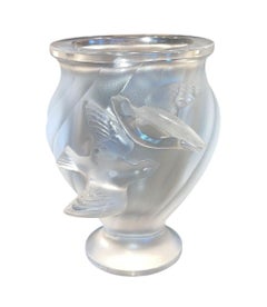 Set of Four Lalique Frosted Crystal Pieces Rosine Vase & Sparrows. Late 20th C.