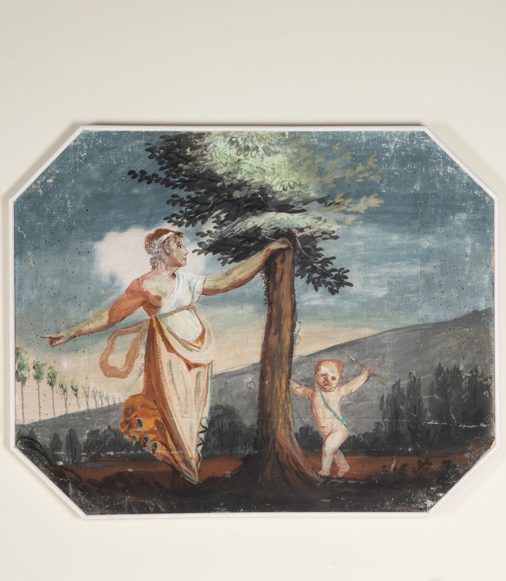 Set of four late 18th Century Georgian canvas wall panels.
These canvases would have been inset into a Neo-Classical Adams style country house panelled interior. From the size and shape, likely set high above doorways. 
The panels are crudely made