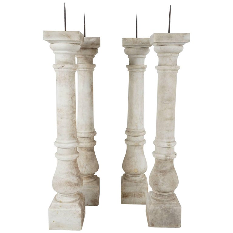Set of Four Large 19th Century Carved Marble Pricket Candlesticks For Sale