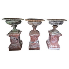 Set of Four Large 19th Century French Garden Urns in Cast Iron with Terracotta B