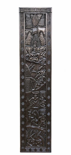 Set of Four Large African Carved Blackened Wood Narrative Panels