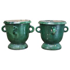 Set of Four Large Anduze Glazed Terracotta Planters, Early 20th Century
