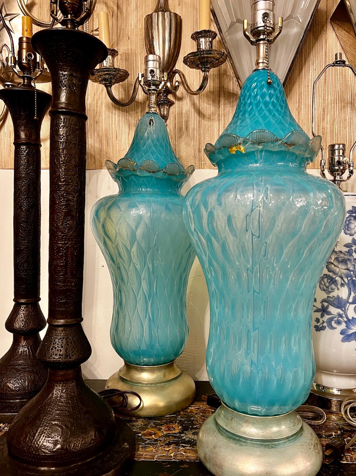Murano Glass Set of Four Large Blue Murano Lamps, Sold per Pair For Sale