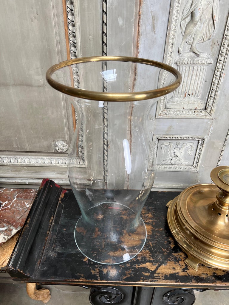 Set of Four Large Brass and Glass Hurricanes by Chapman at 1stDibs