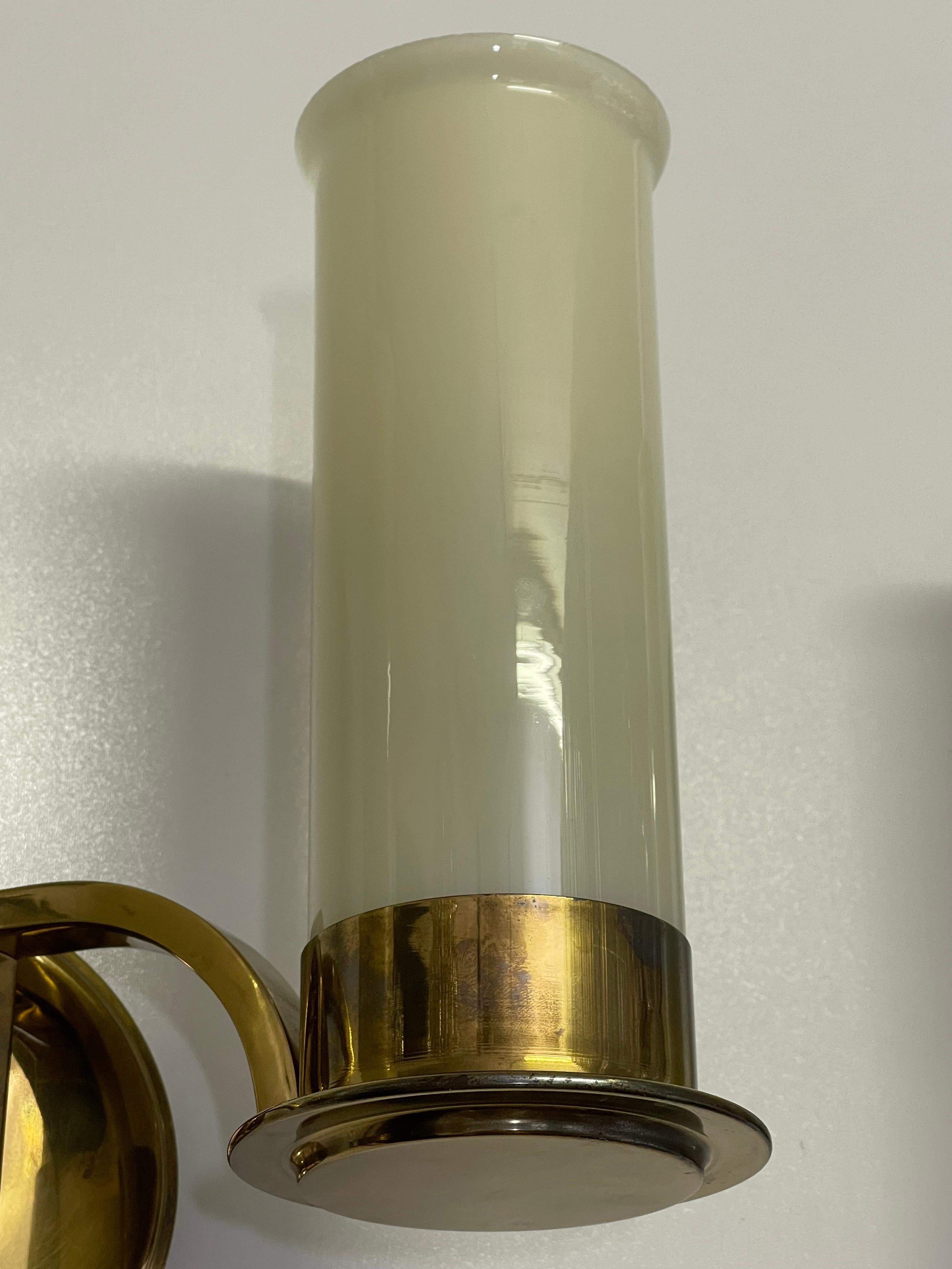 Set of Four Large Brass and Opal Glass Wall Sconces, circa 1930s For Sale 3