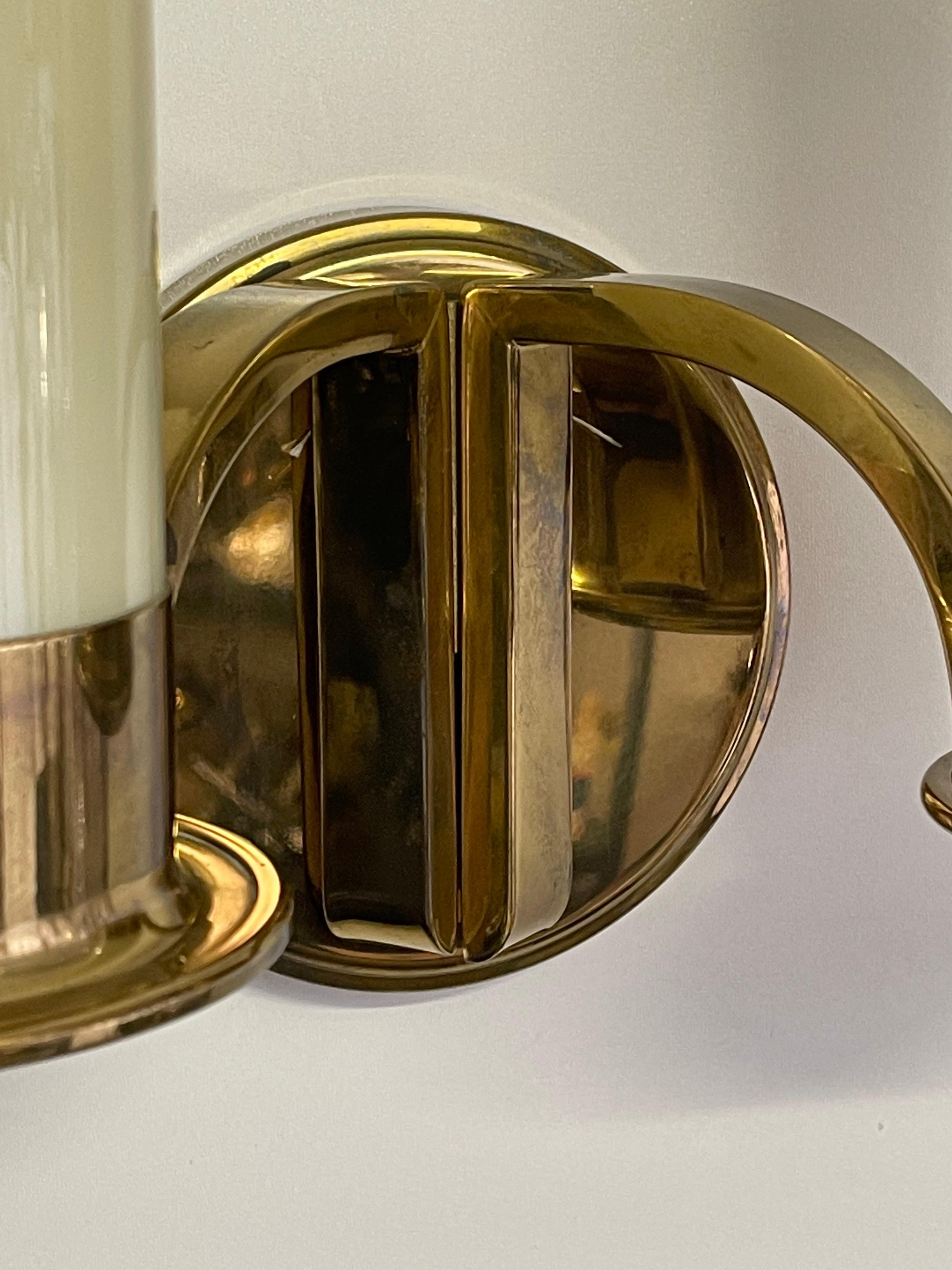 Set of Four Large Brass and Opal Glass Wall Sconces, circa 1930s For Sale 4