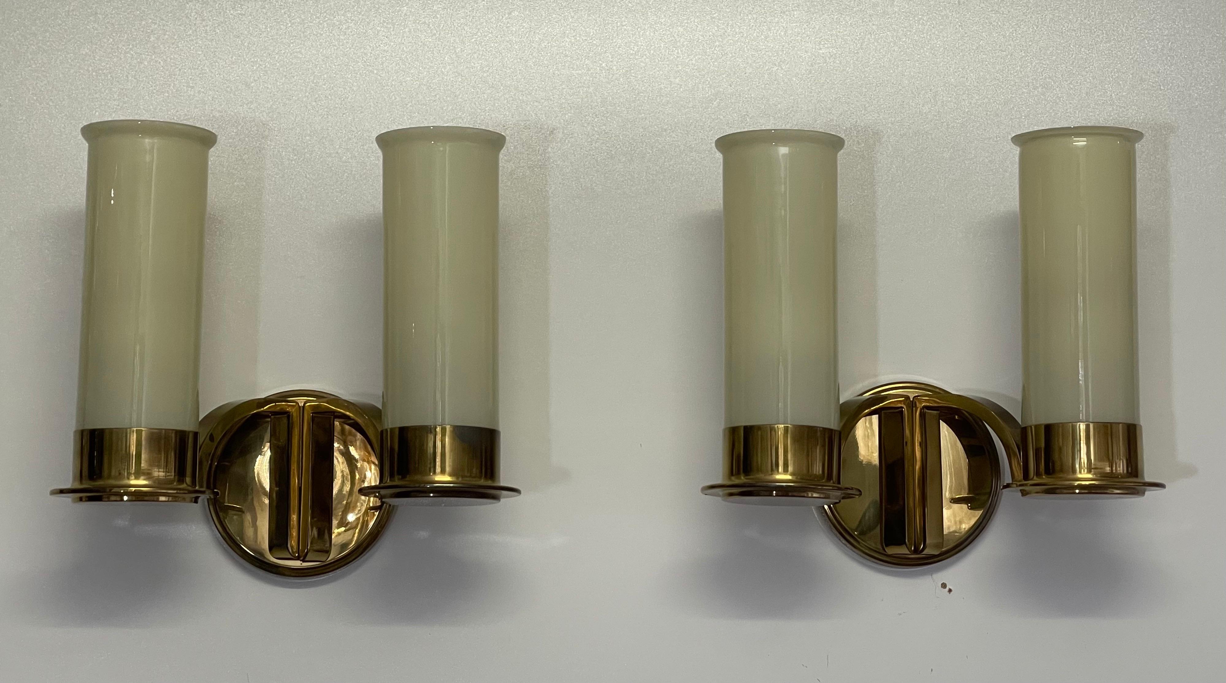 Set of Four Large Brass and Opal Glass Wall Sconces, circa 1930s For Sale 5