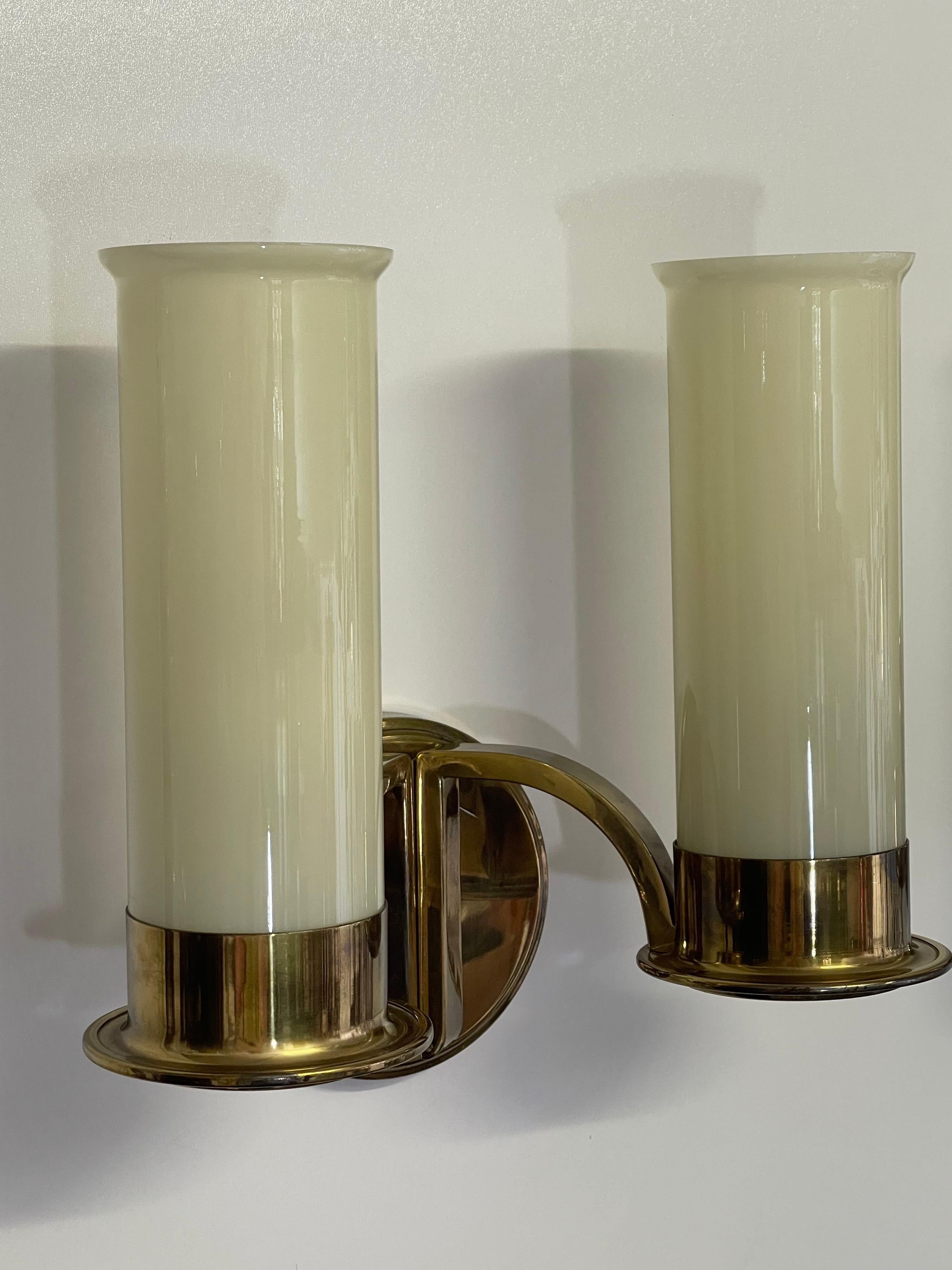 Art Deco Set of Four Large Brass and Opal Glass Wall Sconces, circa 1930s For Sale