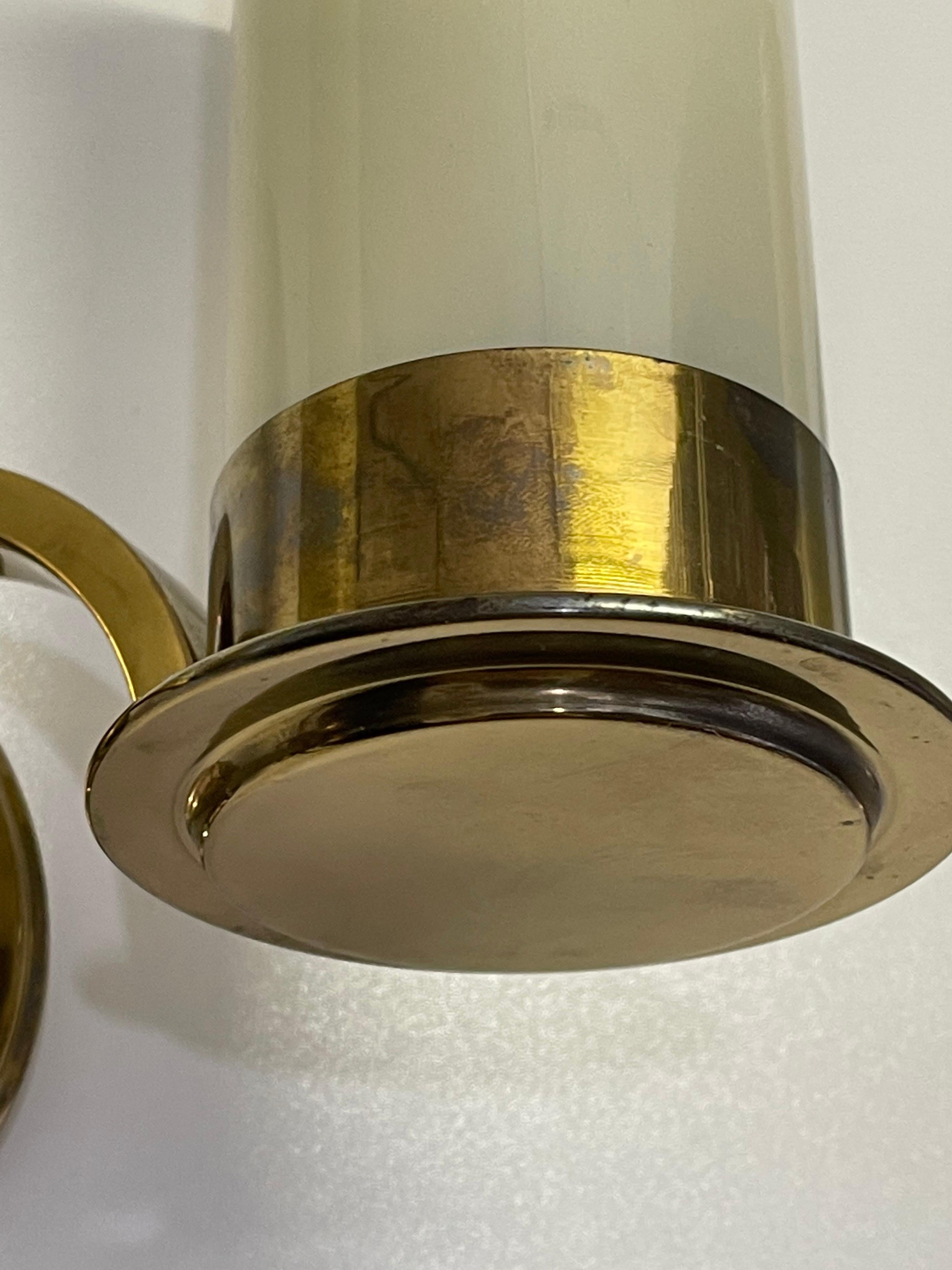 German Set of Four Large Brass and Opal Glass Wall Sconces, circa 1930s For Sale