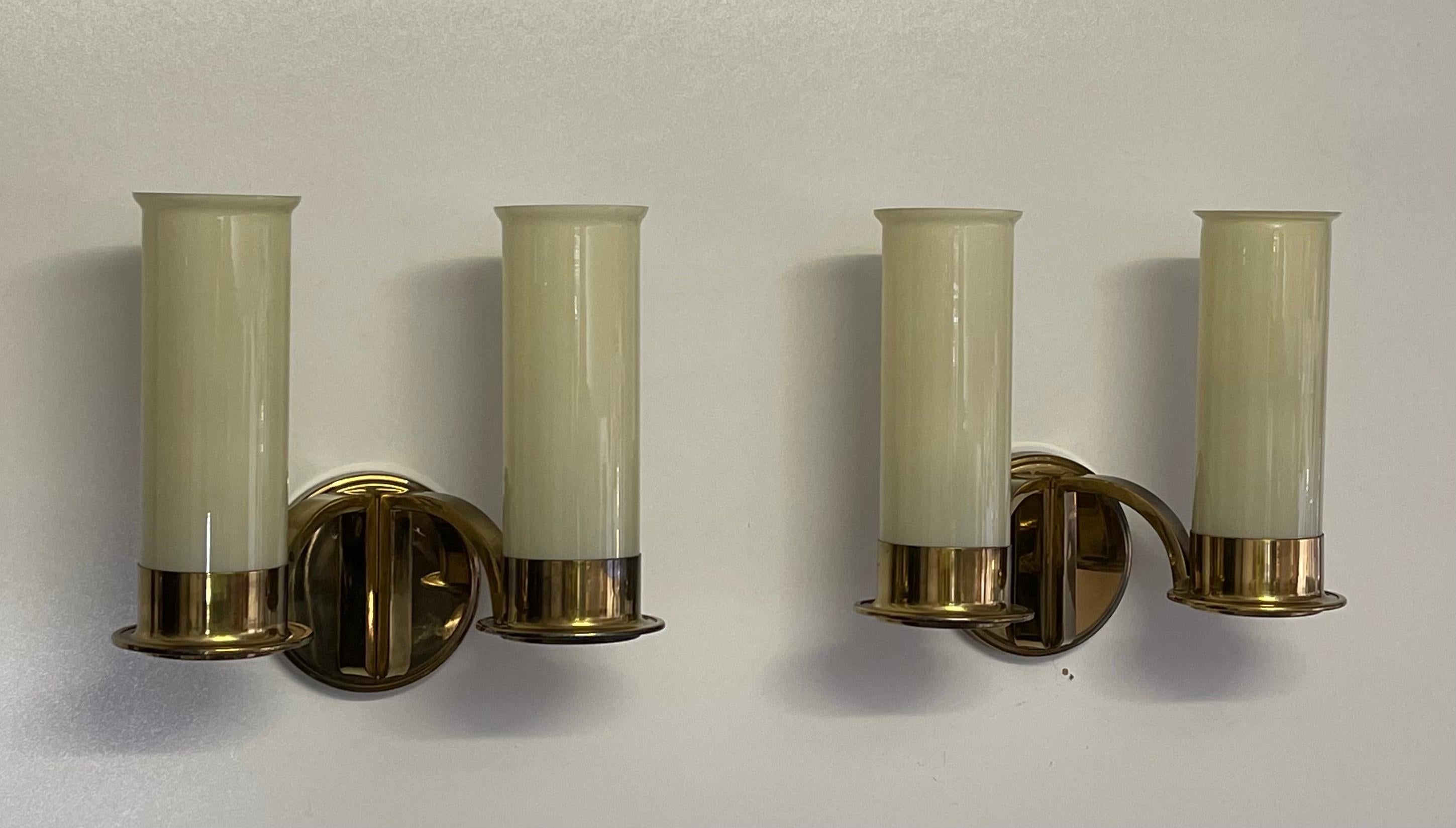 Set of Four Large Brass and Opal Glass Wall Sconces, circa 1930s In Excellent Condition For Sale In Wiesbaden, Hessen
