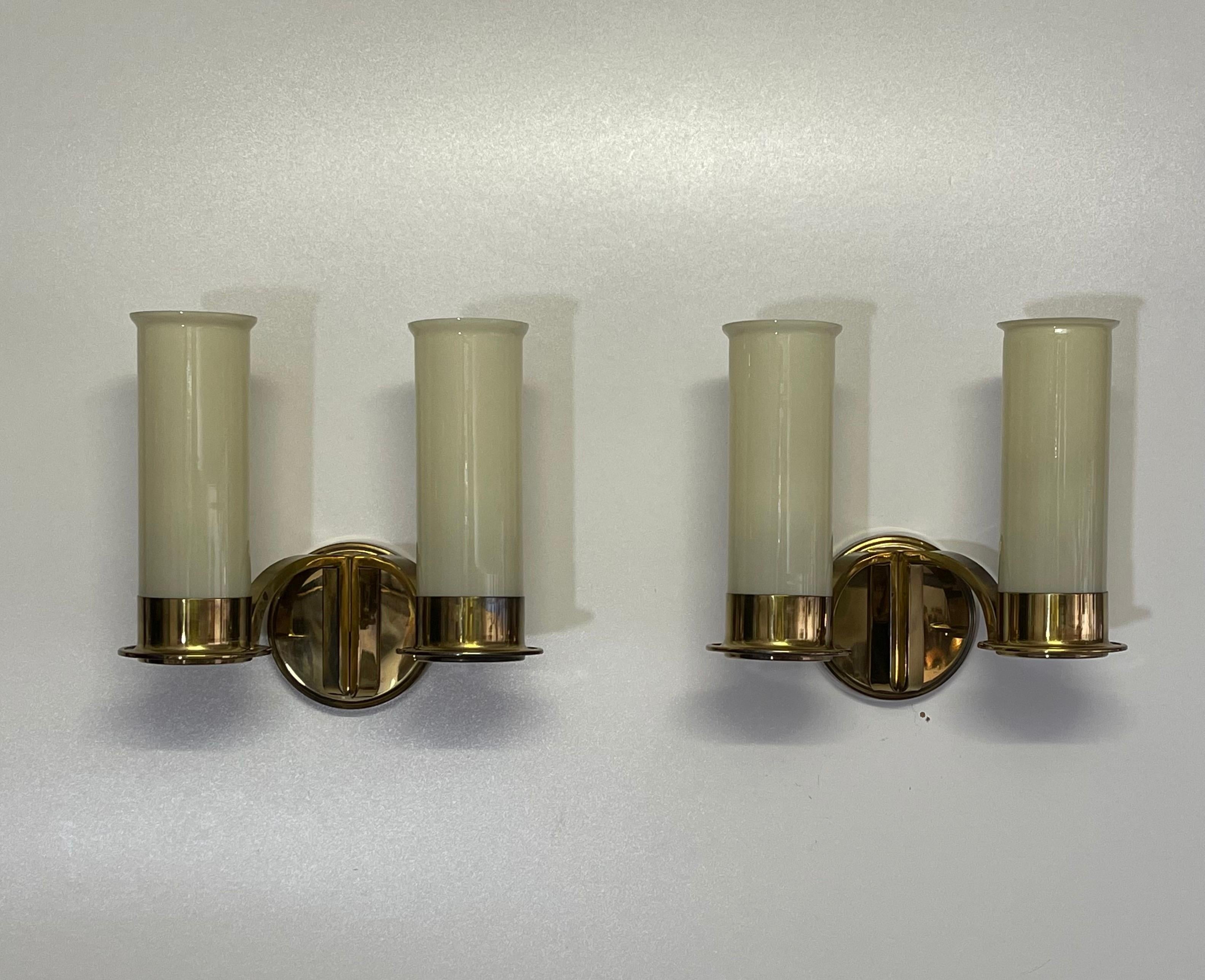Mid-20th Century Set of Four Large Brass and Opal Glass Wall Sconces, circa 1930s For Sale