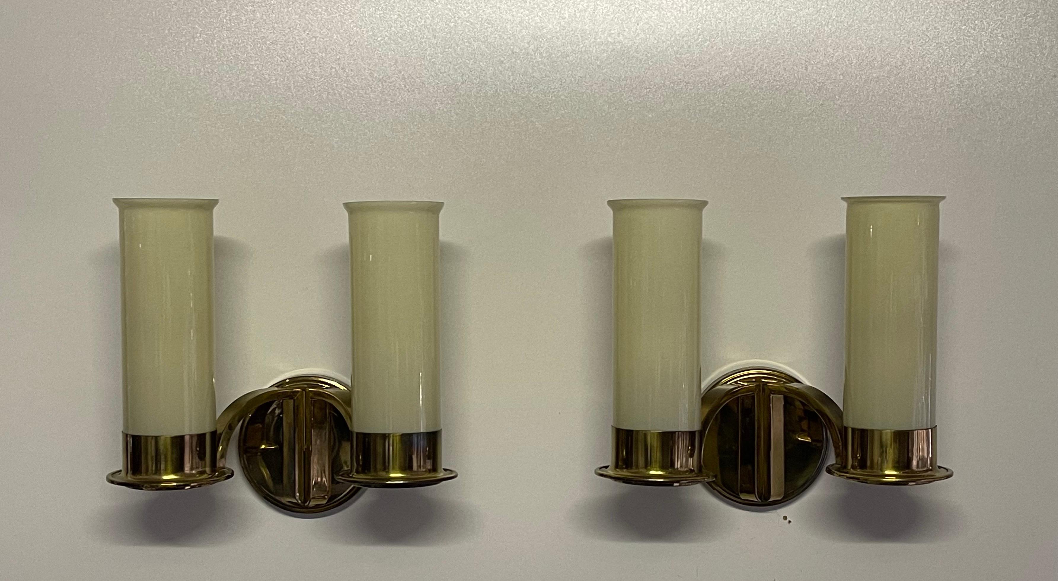 Set of Four Large Brass and Opal Glass Wall Sconces, circa 1930s For Sale 1