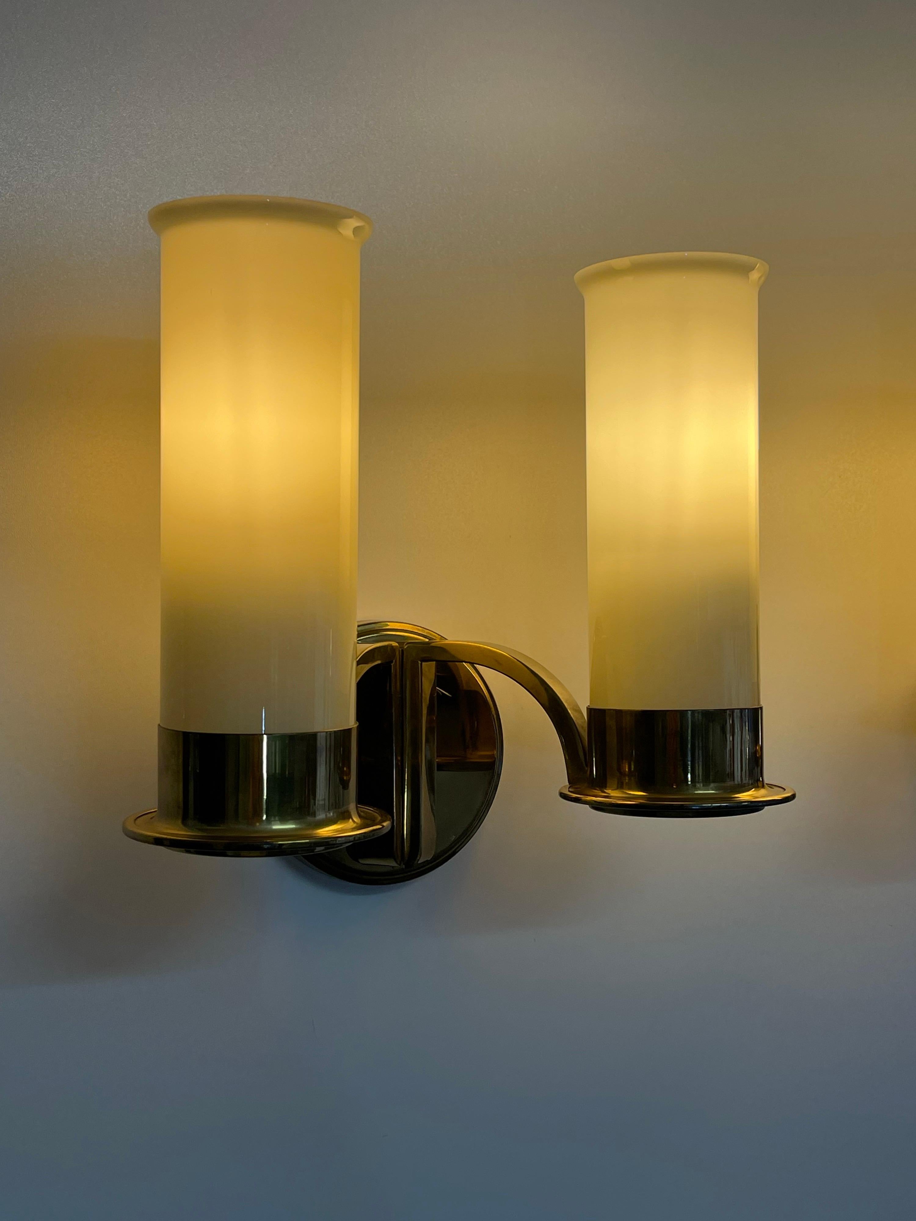 Set of Four Large Brass and Opal Glass Wall Sconces, circa 1930s For Sale 2