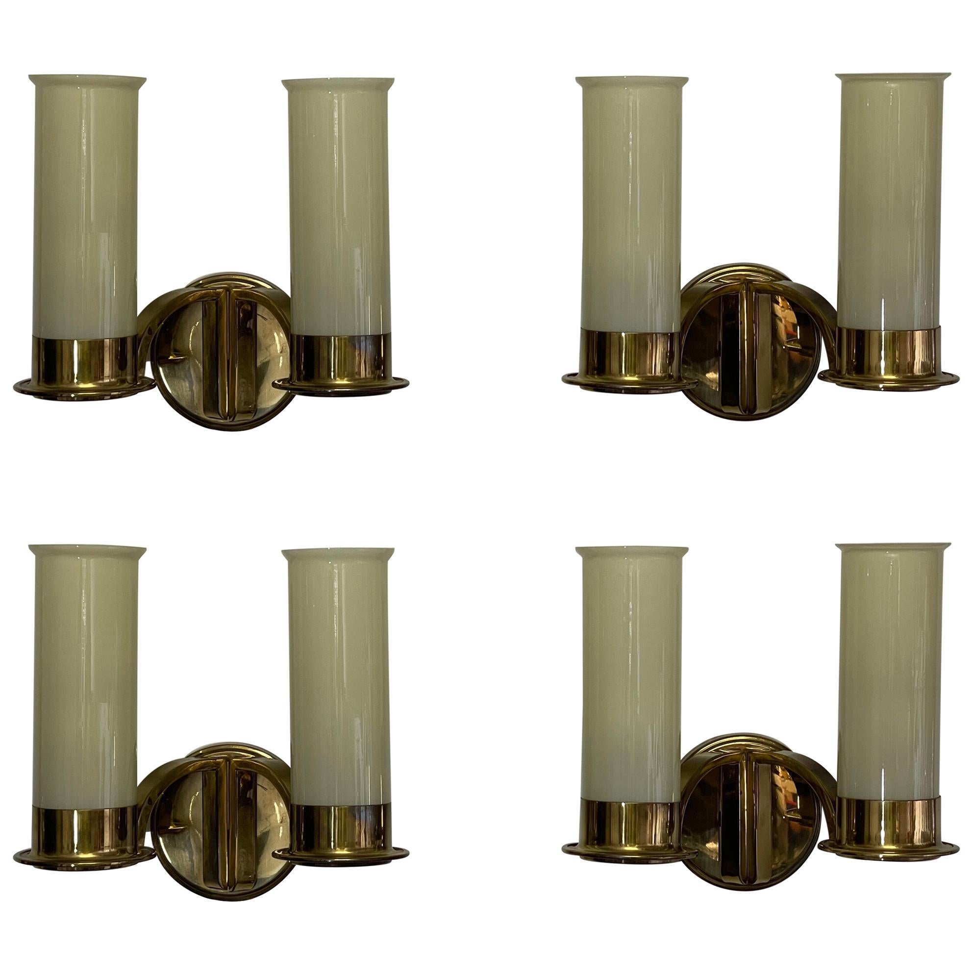 Set of Four Large Brass and Opal Glass Wall Sconces, circa 1930s