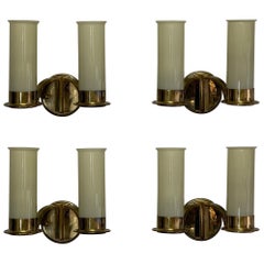 Vintage Set of Four Large Brass and Opal Glass Wall Sconces, circa 1930s