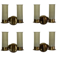 Set of Four Large Brass and Opal Glass Wall Sconces, circa 1930s