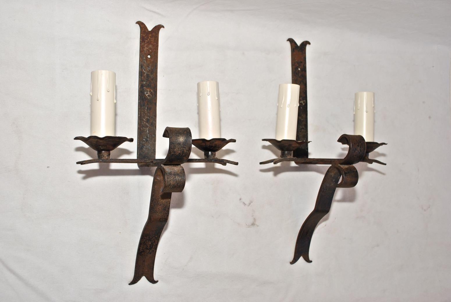 American Set of Four Large French 1930 Handmade Wrought Iron Sconces( two are sold )