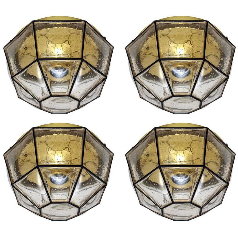 Set of Four German Vintage Blown Glass Ceiling or Wall Lights Flush Mounts 1960s