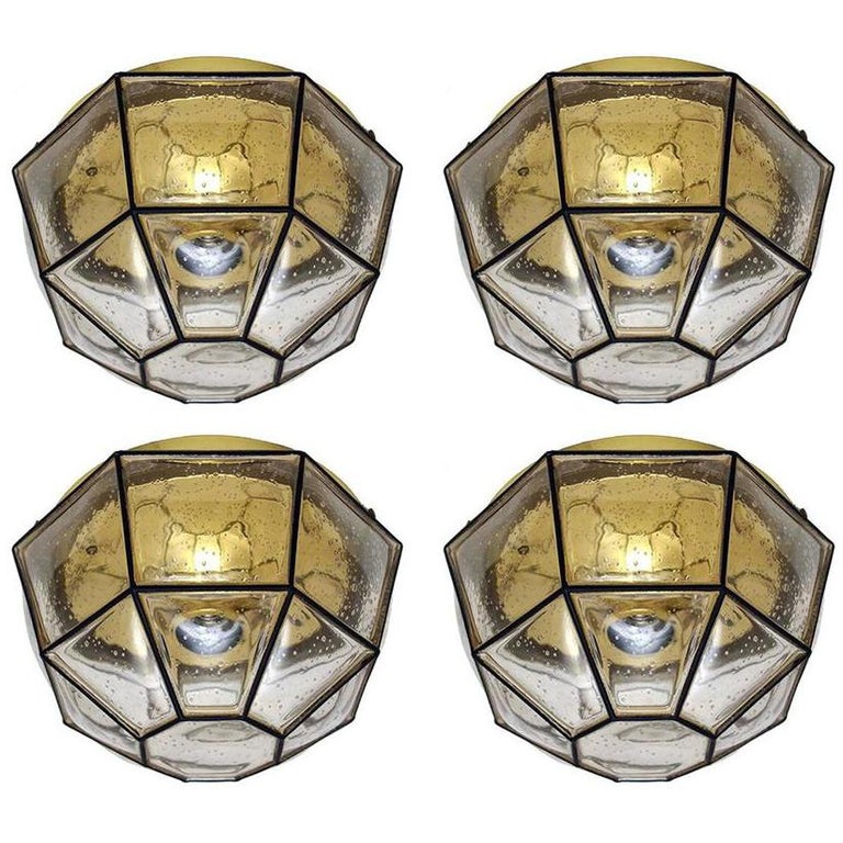 Set Of Four German Vintage Blown Glass Ceiling Or Wall Lights Flush Mounts 1960s