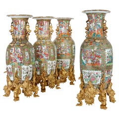 Antique Set of Four Large Gilt Bronze Mounted Chinese Porcelain Vases