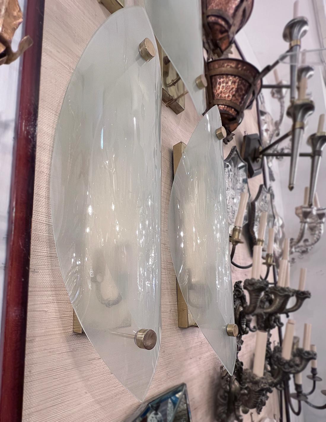 Frosted Set of Four Large Glass Moderne Sconces. Sold per pair. For Sale