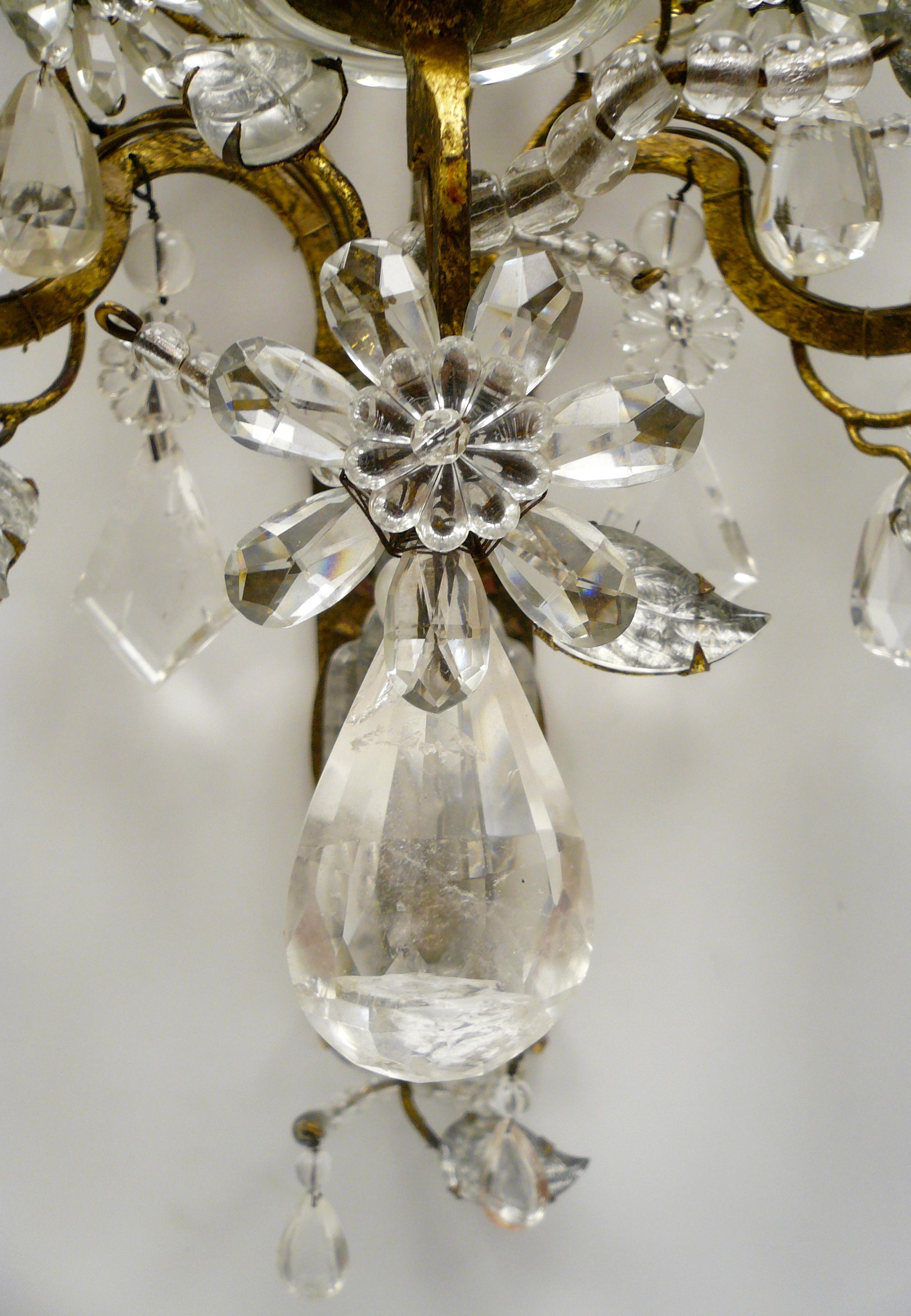 French Set of Four Large Maison Baguès Rock Crystal and Gilt Iron Sconces