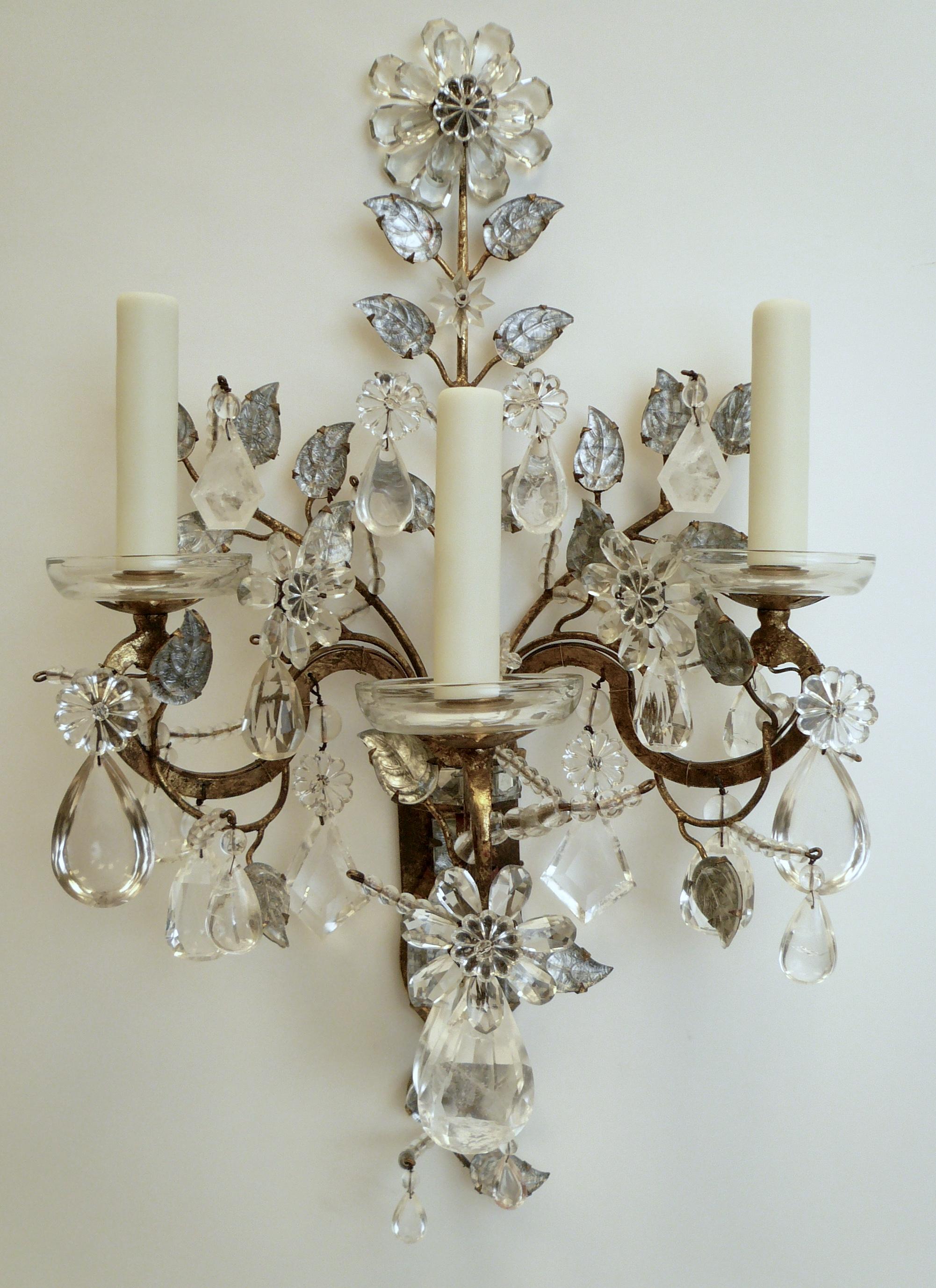 20th Century Set of Four Large Maison Baguès Rock Crystal and Gilt Iron Sconces