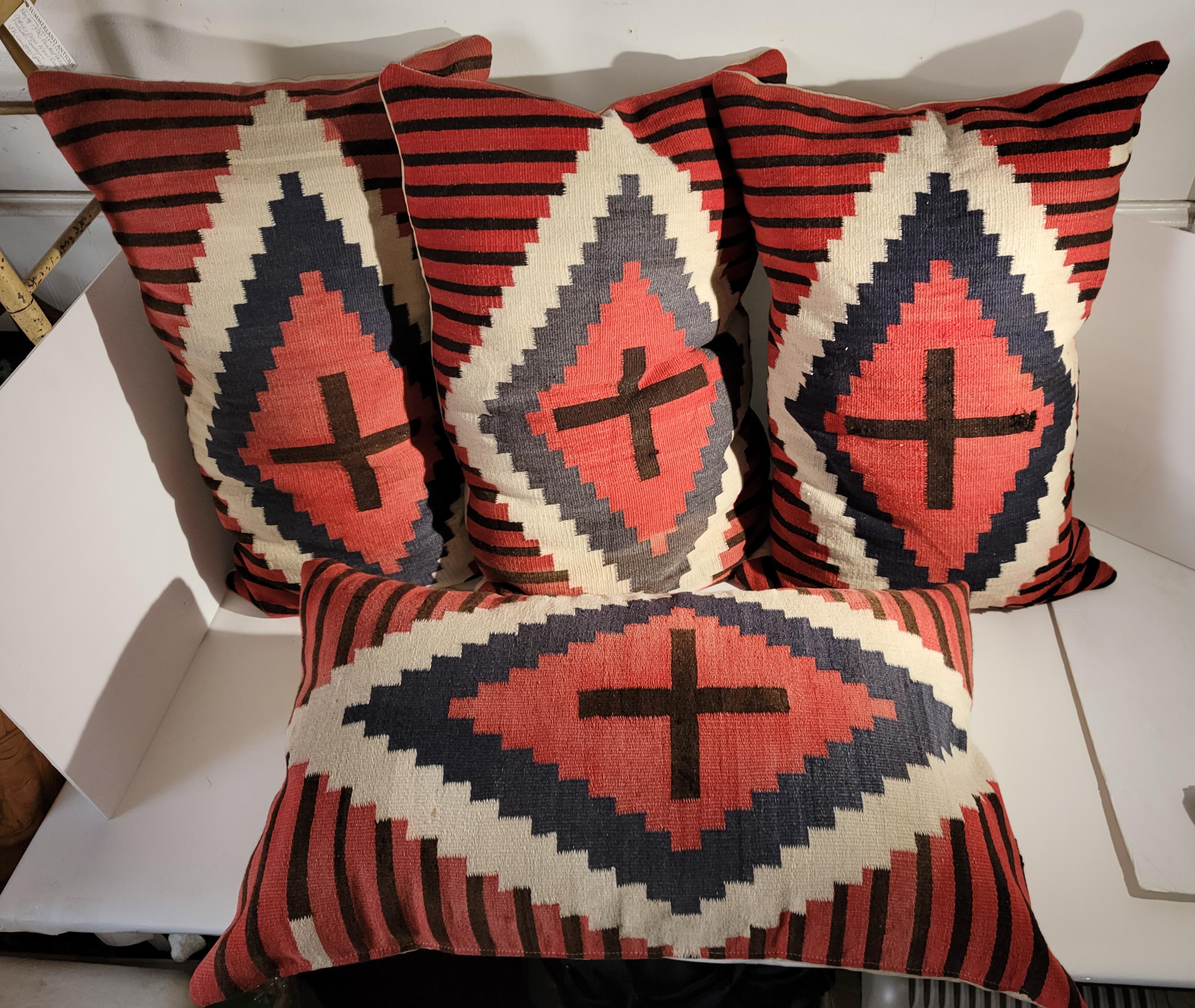 Will sell individually at $950. 
Large Set of Navajo Bolster Pillows. Each pillow is made large due to the wonderful large Cross pattern that was placed on the wool fabric Within the Eye Dazzler. great Striped to accentuate the Center Eye.
Hand Dyed