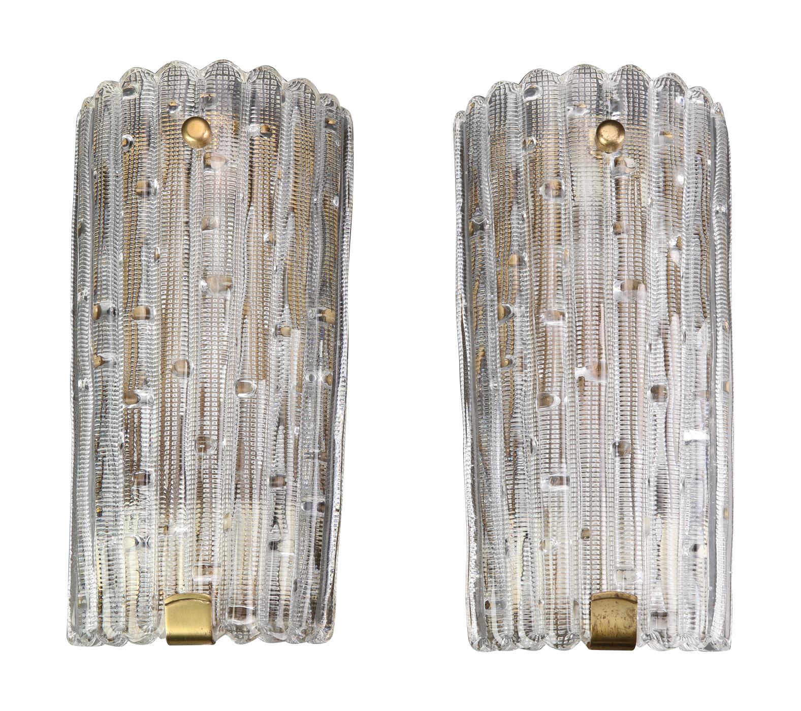 Swedish Large Orrefors Glass and Brass Wall Sconces
