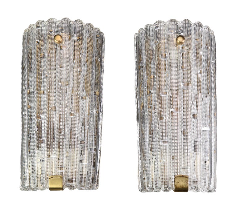 Swedish Large Orrefors Glass and Brass Wall Sconces For Sale