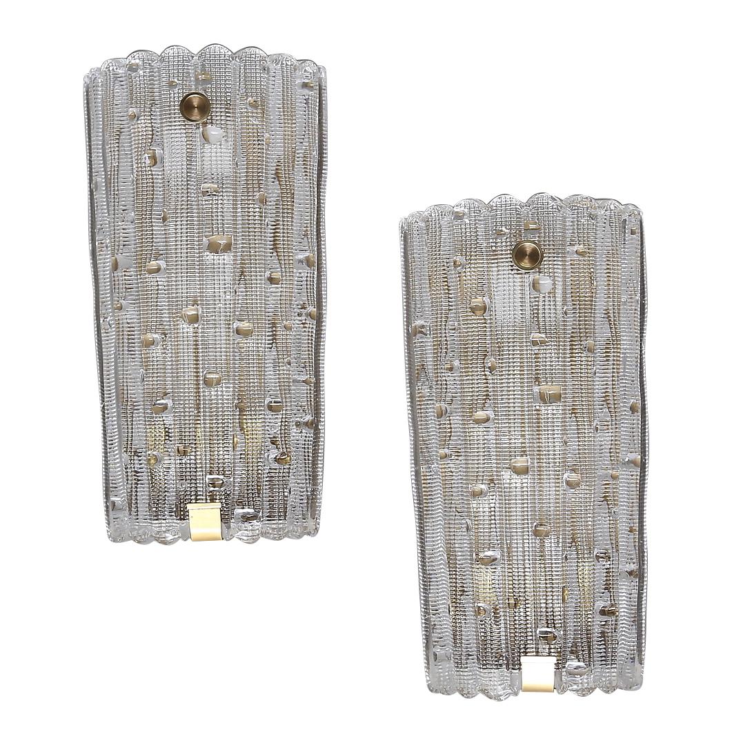 Pressed Large Orrefors Glass and Brass Wall Sconces