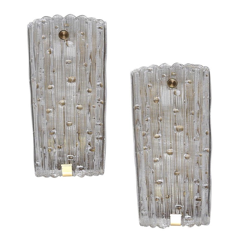 Pressed Large Orrefors Glass and Brass Wall Sconces For Sale
