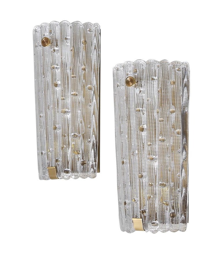 Mid-Century Modern Large Orrefors Glass and Brass Wall Sconces For Sale
