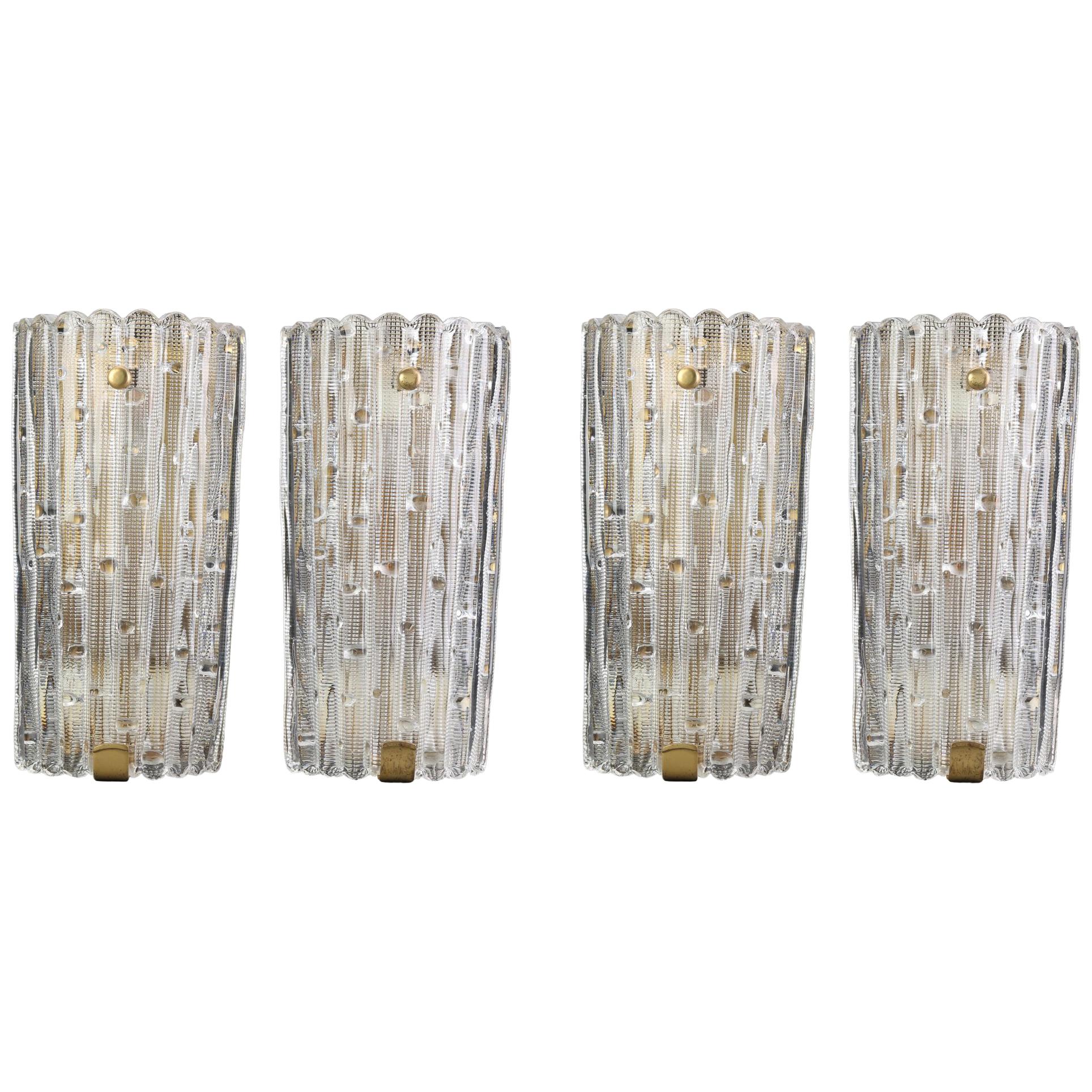 Set of Four Large Orrefors Glass and Brass Wall Sconces