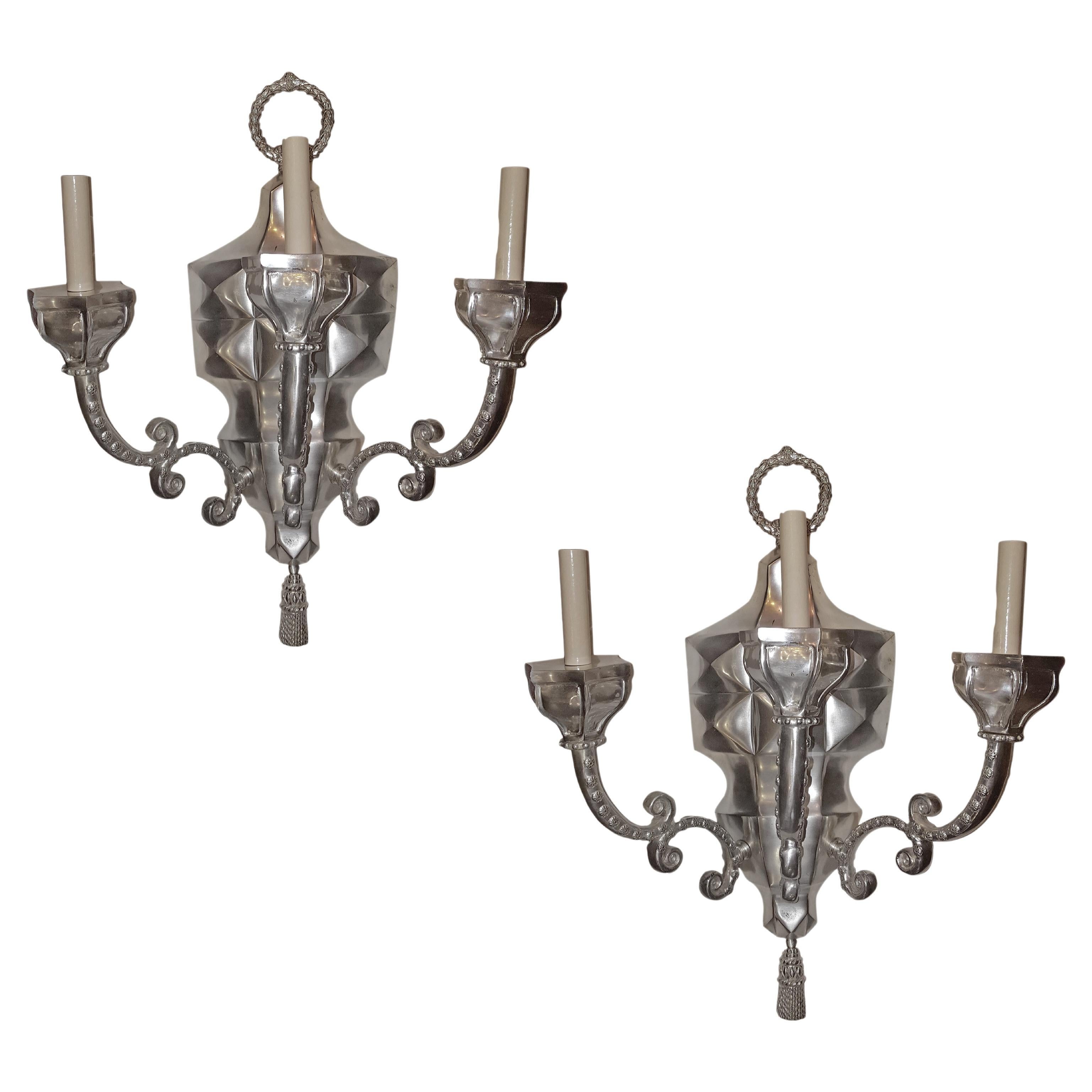 Set of Four Large Silver Plated Sconces, Sold Per Pair For Sale