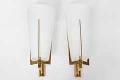 Set of Four Large Stilnovo Brass and Frosted Glass Wall Lights, Italy