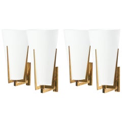 Set of Four Large Stilnovo Brass and Frosted Glass Wall Lights, Italy